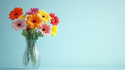 A vibrant floral display in a glass vase, featuring colorful flowers against a minimalist background, perfect for decor and lifestyle content