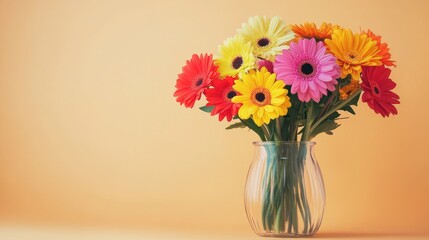 Obraz premium A vibrant floral display in a glass vase, featuring colorful flowers against a minimalist background, perfect for decor and lifestyle content