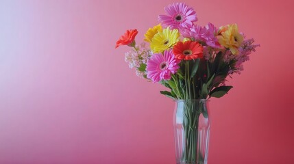 A colorful floral arrangement in a glass vase, placed on a minimalist background, creating a fresh and vibrant image for lifestyle content