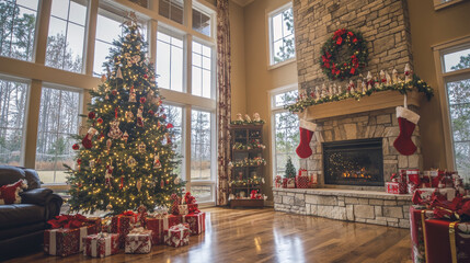 A Christmas tree decorated with sparkling lights and surrounded by gifts, set inside a cozy home with a glowing fireplace. The scene creates a warm, festive atmosphere, perfect for holiday celebration