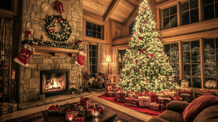 Obraz premium A Christmas tree decorated with sparkling lights and surrounded by gifts, set inside a cozy home with a glowing fireplace. The scene creates a warm, festive atmosphere, perfect for holiday celebration