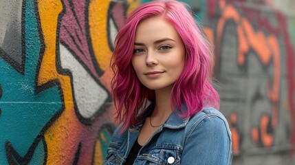 Naklejka premium Young woman with pink hair smiles. The photo is a portrait of a young woman with pink hair, wearing a denim jacket and a black shirt, against a graffiti wall.