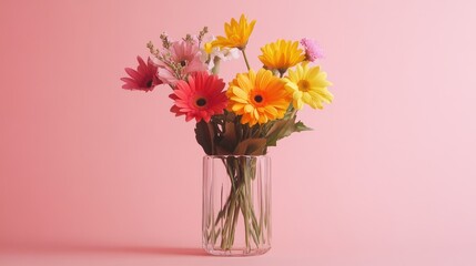 A colorful mix of flowers arranged in a glass vase, placed on a simple, minimalist background, creating a fresh and vibrant scene