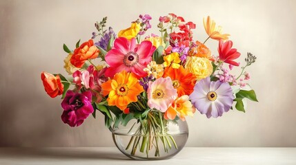 Fototapeta premium A colorful mix of flowers arranged in a glass vase, placed on a simple, minimalist background, creating a fresh and vibrant scene