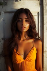 Fototapeta premium Portrait of a Young Woman in a Yellow Dress, Looking at the Camera.