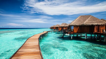 A luxurious private beach with overwater bungalows stretching out into the clear, turquoise lagoon. Wooden pathways lead to private decks where guests can dive directly into the sea.