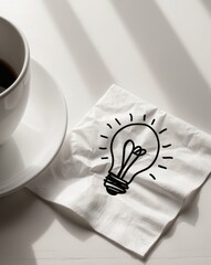 Light Bulb Idea Drawn On Paper Napkin With Coffee Cup.