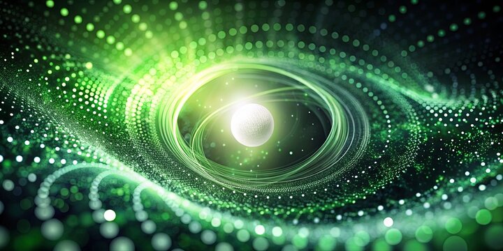 Abstract cosmic landscape featuring a glowing white orb within a swirling green nebula of light and particles.