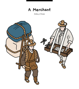 The characters in this illustration are Korean merchants of the Joseon Dynasty. They are bobusang and taffy peddlers, respectively.