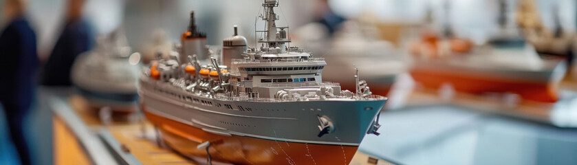 detailed model of marine vessel displayed at international marine engineering conference, showcasing intricate design and craftsmanship. atmosphere is filled with curiosity and admiration
