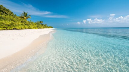 Obraz premium A pristine, white-sand beach on a remote island, with no signs of human activity. The clear blue water is dotted with coral reefs just below the surface, inviting snorkeling and exploration.