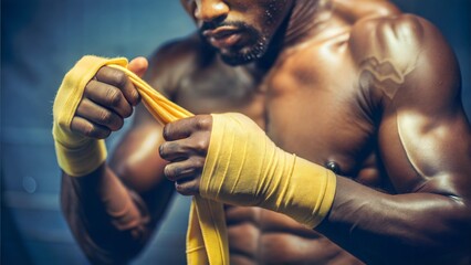 Afro-American Boxer Wrapping Hands with Yellow Tape