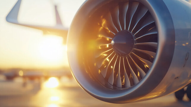 close up view of jet engine showcasing its intricate turbine design, illuminated by warm glow of sunset. image captures essence of aeronautical engineering and innovation