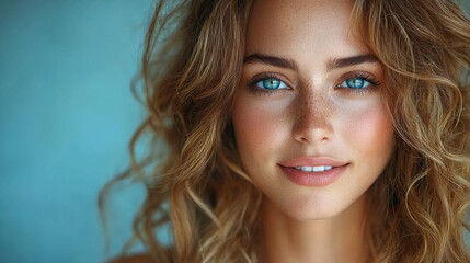 Naklejka premium A woman with curly hair and striking blue eyes poses against a vibrant blue background while showcasing a natural, glowing smile
