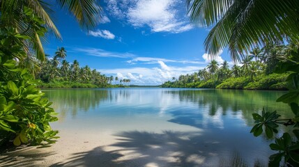 A peaceful lagoon bordered by lush, tropical greenery and soft, golden sand. The still, crystal-clear water reflects the surrounding palm trees and the bright blue sky above.