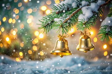 Golden Christmas Bells on Snowy Evergreen Branches with Bokeh Lights for Holiday Decor and Winter Aesthetics