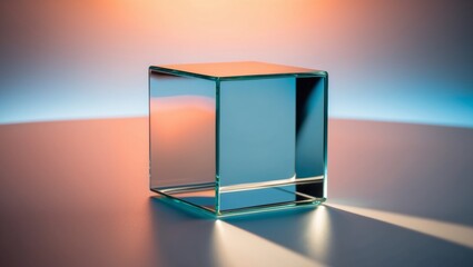 Glass Cube on Colorful Background with Light and Shadow.