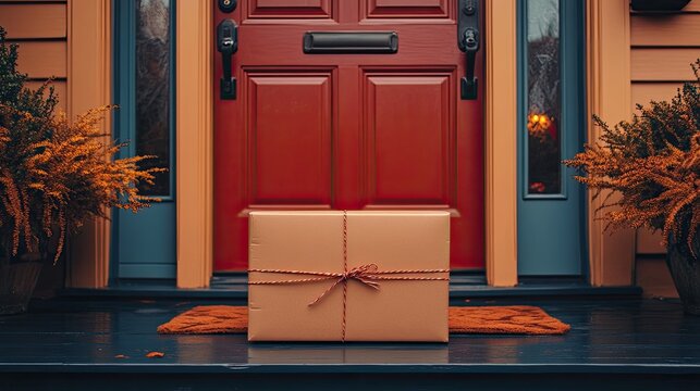 A package sits on a doorstep. It's an image of a delivered package, perfect for depicting online shopping or delivery services.
