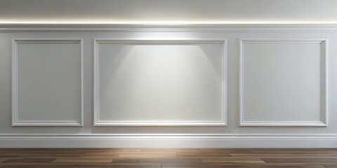 A minimalist interior design with a single light source illuminating a wainscoting wall with a wooden floor.