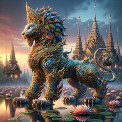 Fototapeta premium Majestic Guardians of the Lotus Temple: Intricately Decorated Mythical Beasts in a Golden Kingdom at Sunset
