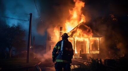 Firefighter works in burning building fireman on flame back view background