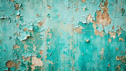 A weathered teal surface with peeling paint revealing the layers beneath, creating a textured and abstract pattern.