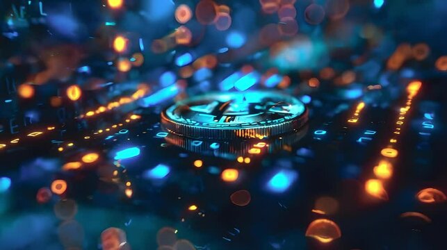 Cryptocurrency coins against tech binary abstract background.