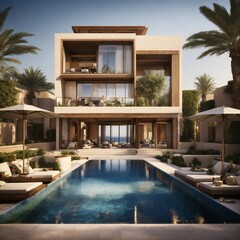 Fototapeta premium Modern house with pool, AI generated