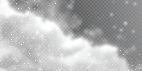 Clouds and snowfall on transparent background, blizzard, winter vector design