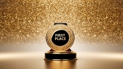 Gold glitter background and gold first place medal.