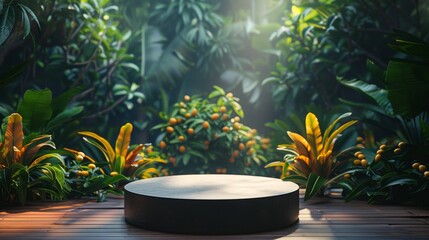 The movie themed product display scene is set against a blurry mango plant background by a vacant central booth. Very suitable for brands with themes of nature, health, or beauty.