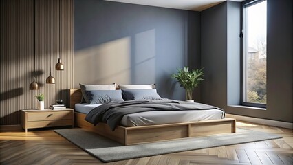 Modern bedroom with wooden floor, gray walls, and a large bed with a wooden frame and gray bedding