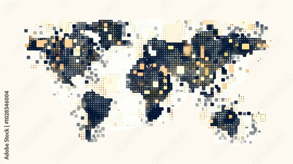 Poster the simple white pixel style world map logo, designed in a square form, presents the world map in a 