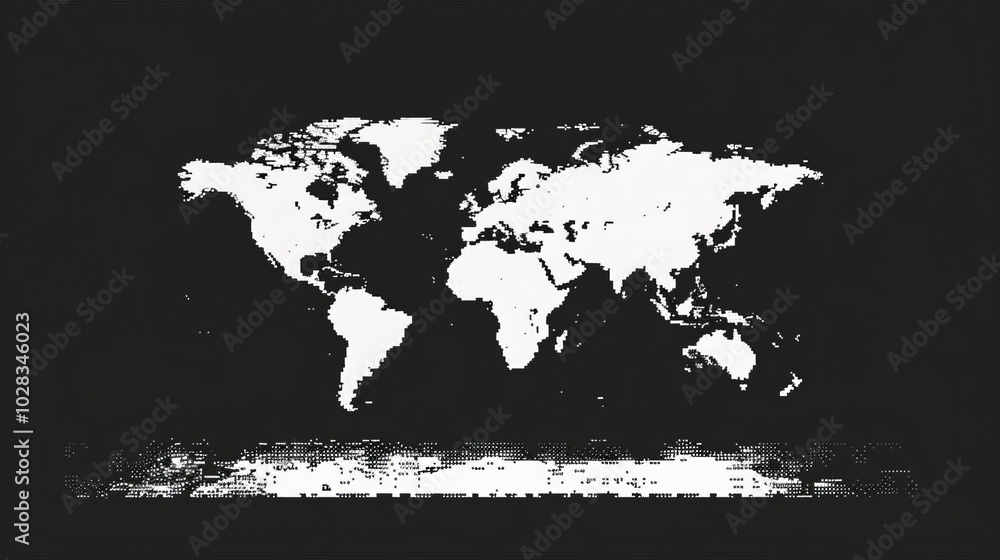 Poster the simple white pixel style world map logo, designed in a square form, presents the world map in a 