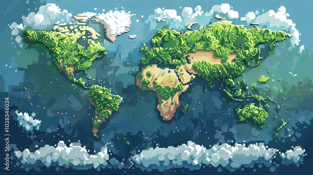 Poster the simple white pixel style world map logo, designed in a square form, presents the world map in a 