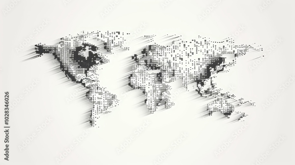Poster the simple white pixel style world map logo, designed in a square form, presents the world map in a 