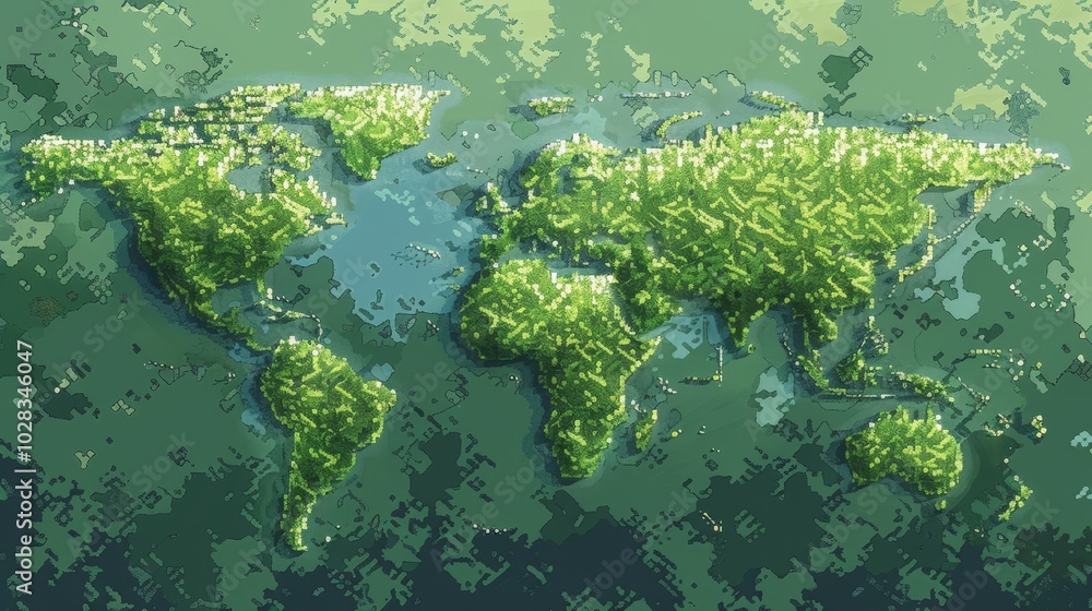 Poster the simple white pixel style world map logo, designed in a square form, presents the world map in a 