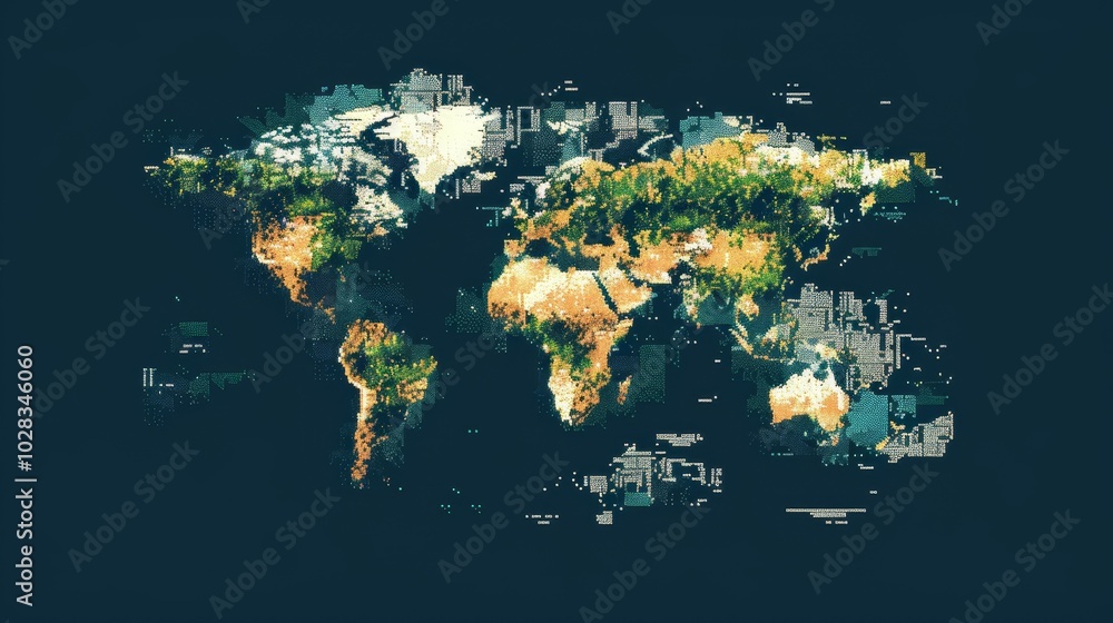 Poster the simple white pixel style world map logo, designed in a square form, presents the world map in a 