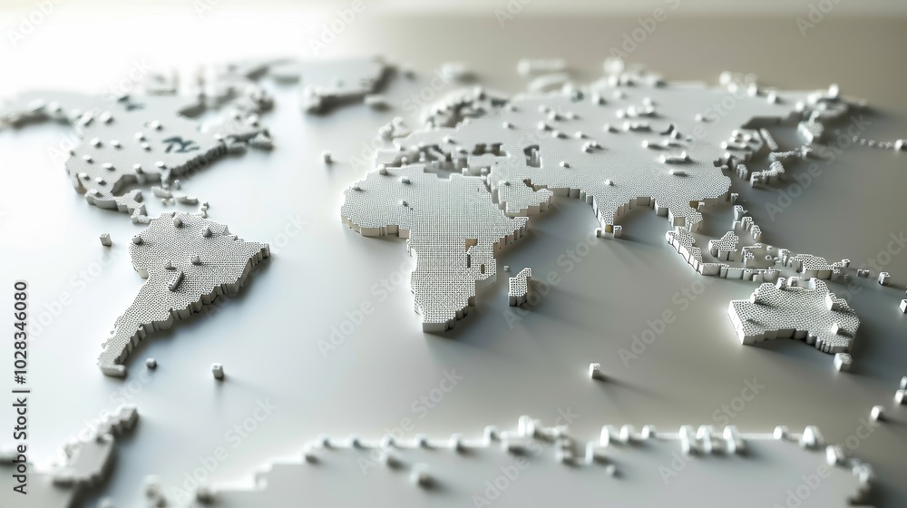 Poster the simple white pixel style world map logo, designed in a square form, presents the world map in a 