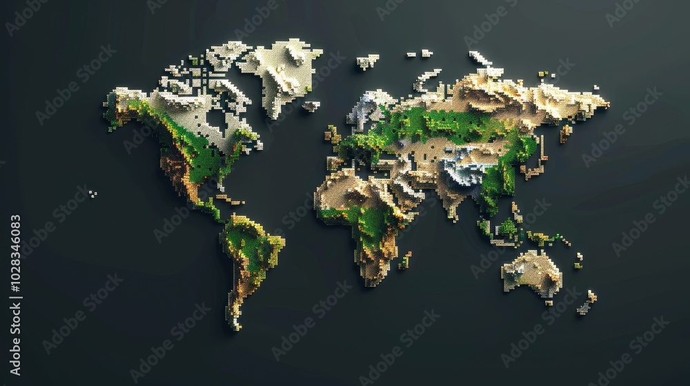 Poster the simple white pixel style world map logo, designed in a square form, presents the world map in a 