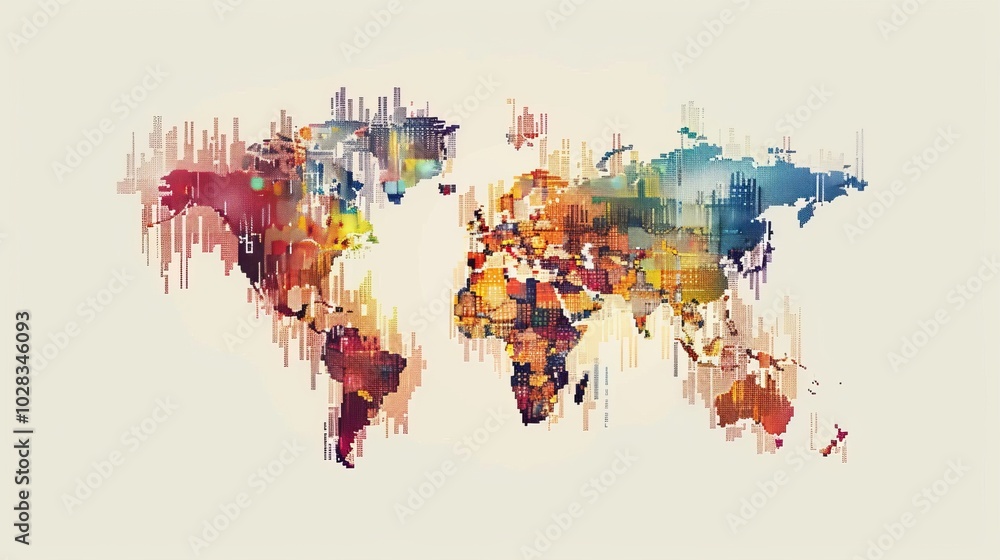 Poster the simple white pixel style world map logo, designed in a square form, presents the world map in a 
