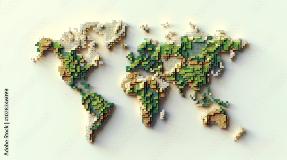 Poster the simple white pixel style world map logo, designed in a square form, presents the world map in a 