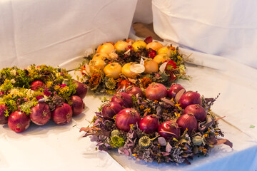 Onions trade at traditional annual swiss festival Zibelemaerit Holiday (Onion Market) in Bern,...
