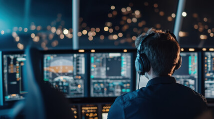 focused aeronautical engineer is working on advanced flight systems in high tech control room, surrounded by multiple screens displaying data and information. atmosphere is intense and innovative,
