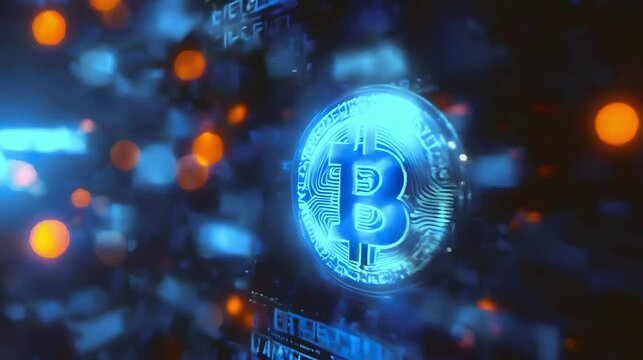 Cryptocurrency coins against tech binary abstract background.