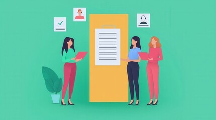 Three women discussing project details in an office environment with a green background.