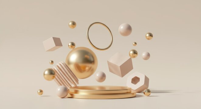 Abstract geometric composition with floating gold and white shapes