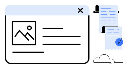 Browser window with an image placeholder, text lines and a scroll document on the right with a cloud underneath. Ideal for web design, digital content, online articles, document management