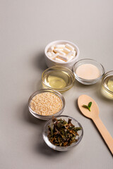 Homeopathic medicine. Homeopathic pills in a bowl and green leaves, herbs and natural products, wooden spoon from above on a light grey background. Alternative medicines top view.