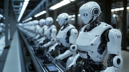 Fototapeta premium A robotic assembly line where sleek, metallic robots efficiently build electronic devices. Laser-guided arms and conveyor belts work seamlessly in a highly automated factory
